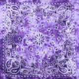 Close up image of purple and white tie dye paisley print square bandana in 100% cotton.