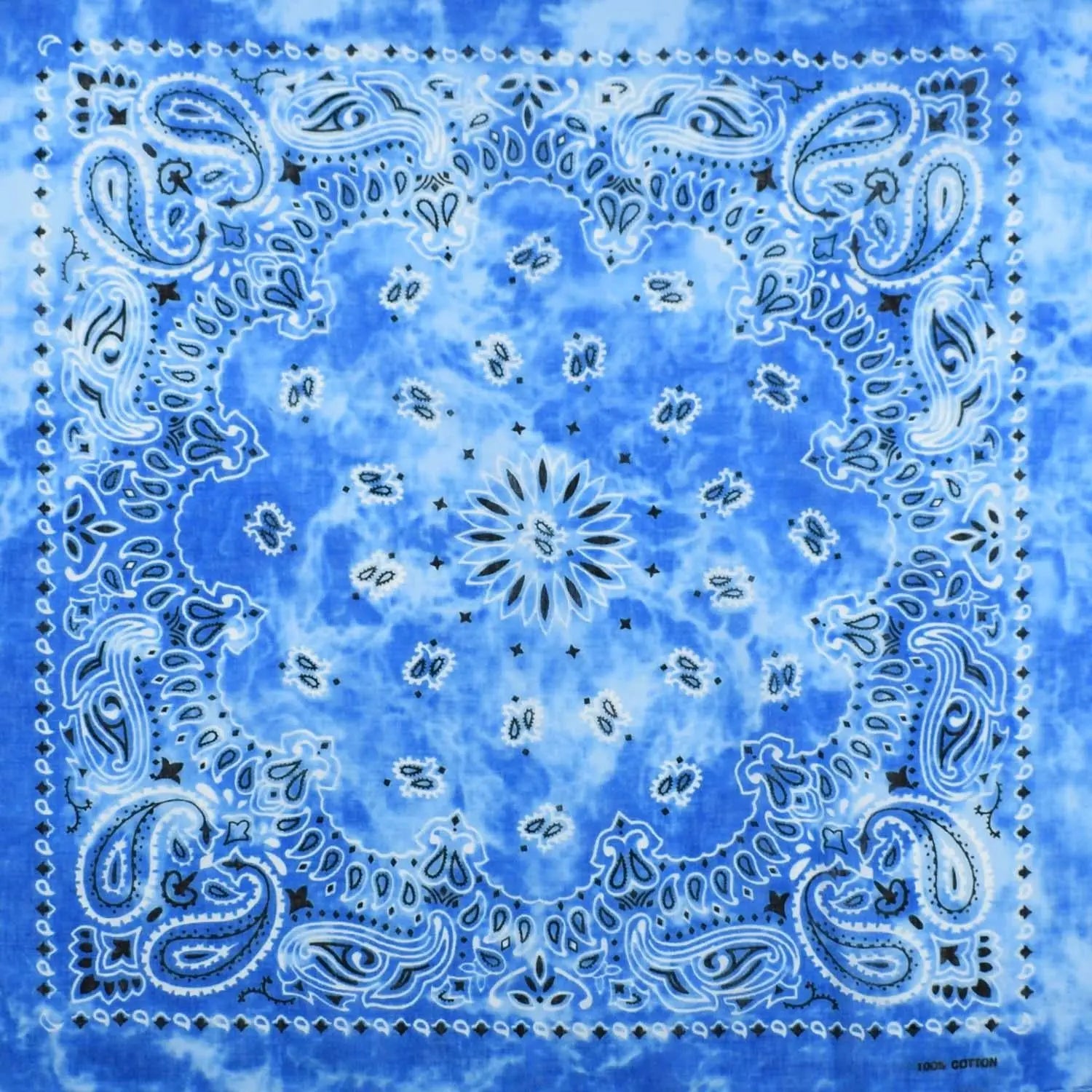 Blue tie dye paisley bandana in 100% cotton fabric