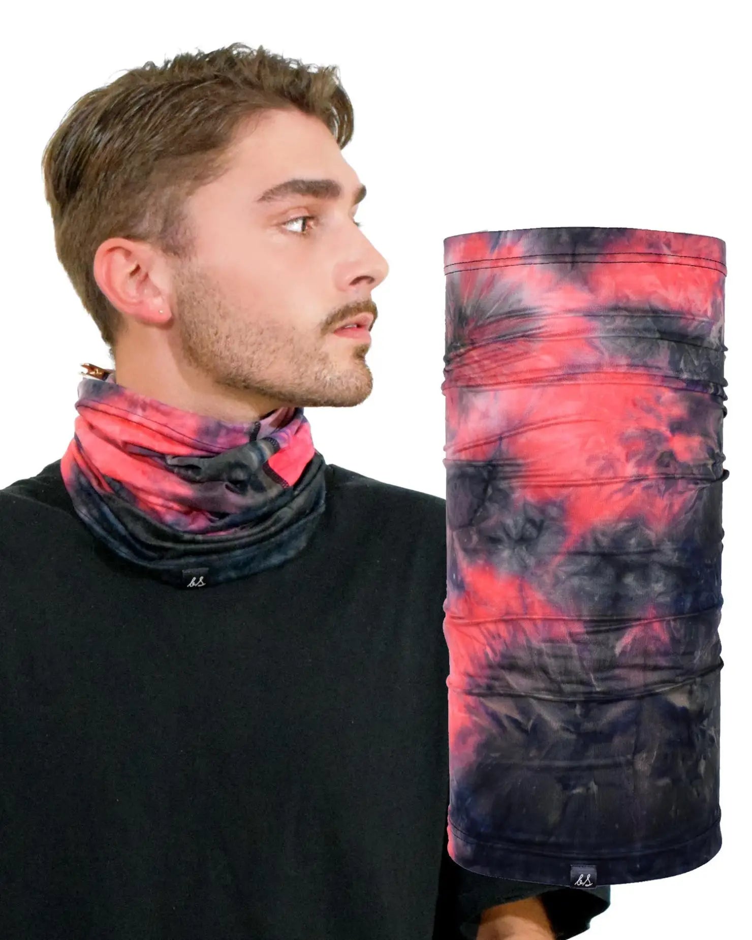 Stylish tie dye neck gaiter for multifunctional headwear.