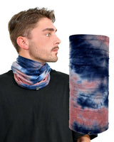 Man holding blue and red tie dye scarf in Tie Dye Versatile Neck Gaiter: Stylish Multifunctional Headwear.