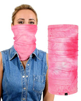 Woman wearing pink tie dye face mask in Tie Dye Versatile Neck Gaiter: Stylish Multifunctional Headwear