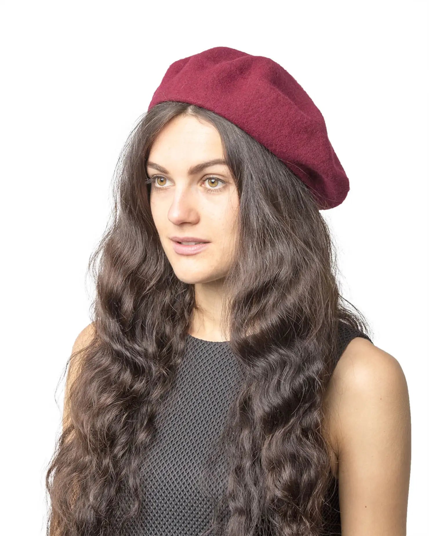 Stylish woman in red beret, French wool beret.