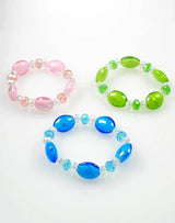 Pastel bead elastic bracelets set: three colored glass beads on white background