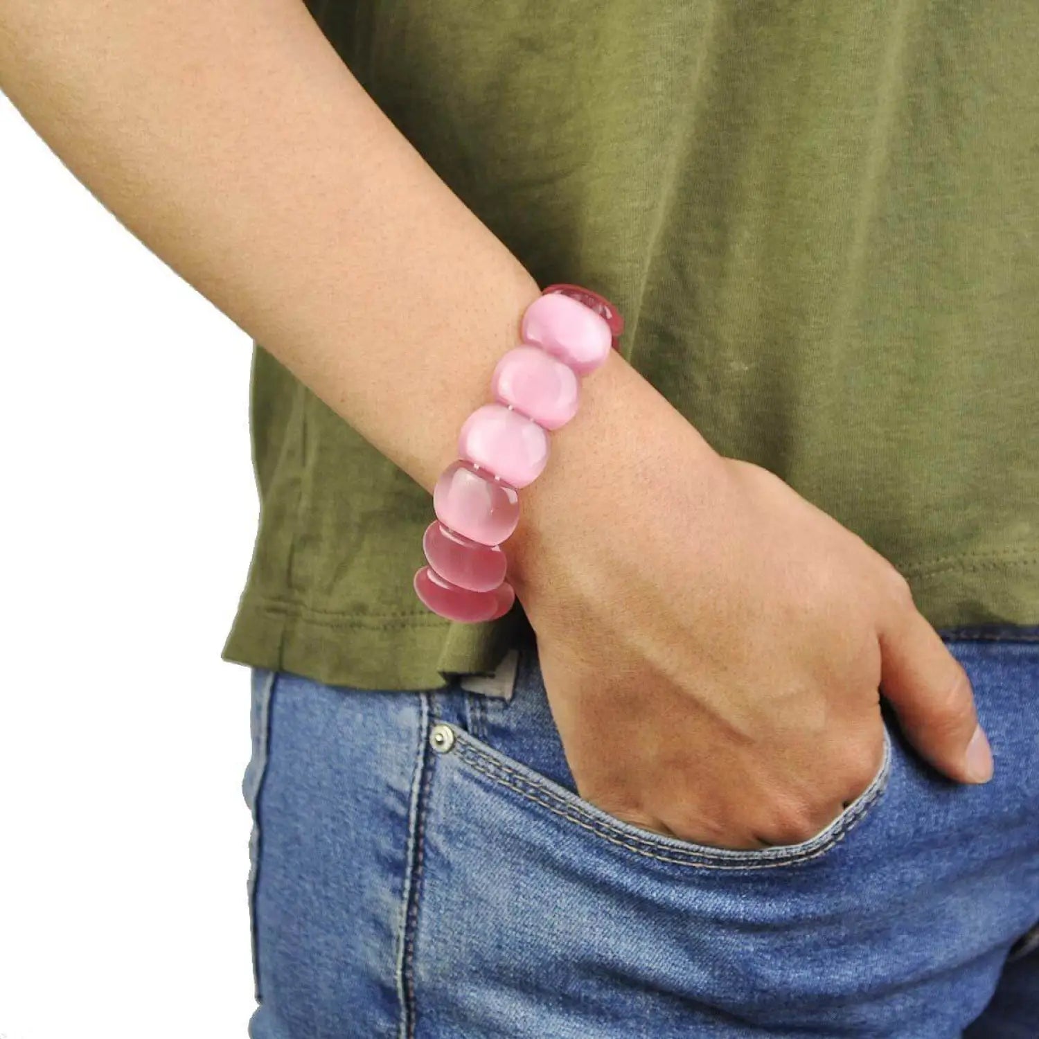 Pastel plastic bead bracelet with pink flower - Tri-set Pastel Plastic Bead Elastic Bracelets