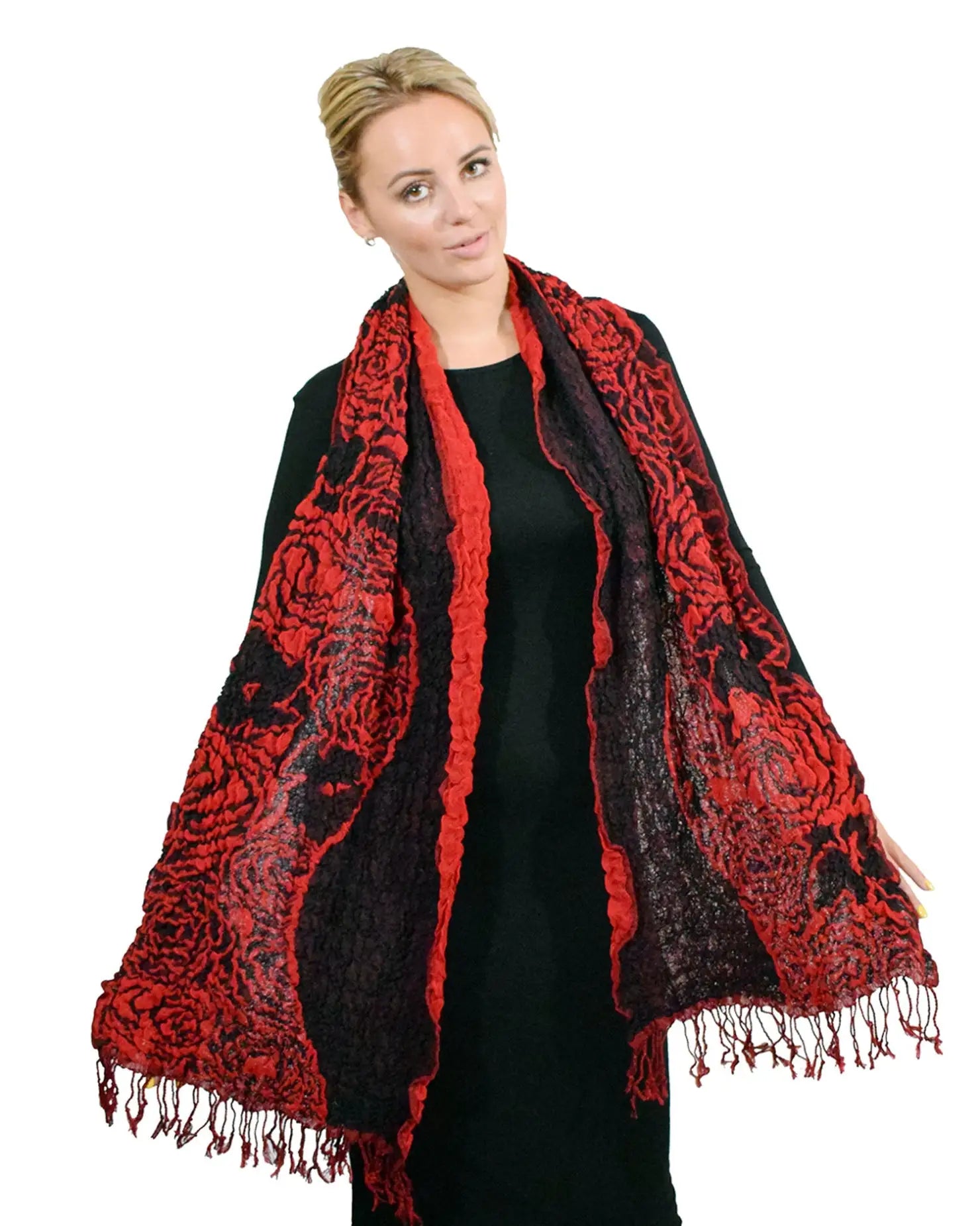 Woman wearing red and black Two Tone Textured Bubble Look Scarf.
