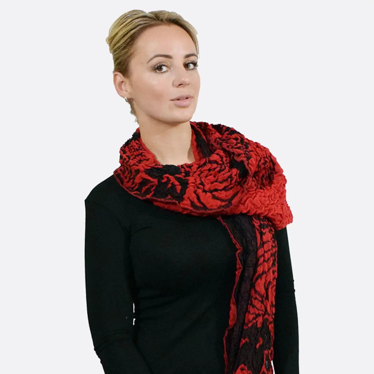 Two Tone Textured Bubble Look Scarf with woman in red and black scarf.