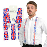 Man wearing white shirt with UK Union Jack flag suspenders.