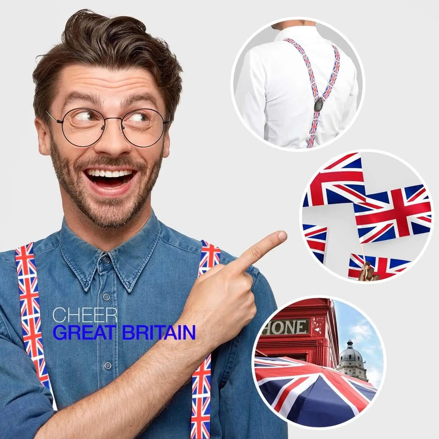 Man wearing glasses and holding a British flag, featured in UK Union Jack flag Braces with metal clips