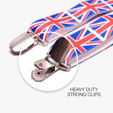 Close up of UK Union Jack flag Y-Shape suspenders with metal clips