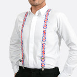 Man in UK Union Jack flag Braces, Y-Shape Suspenders with metal clips