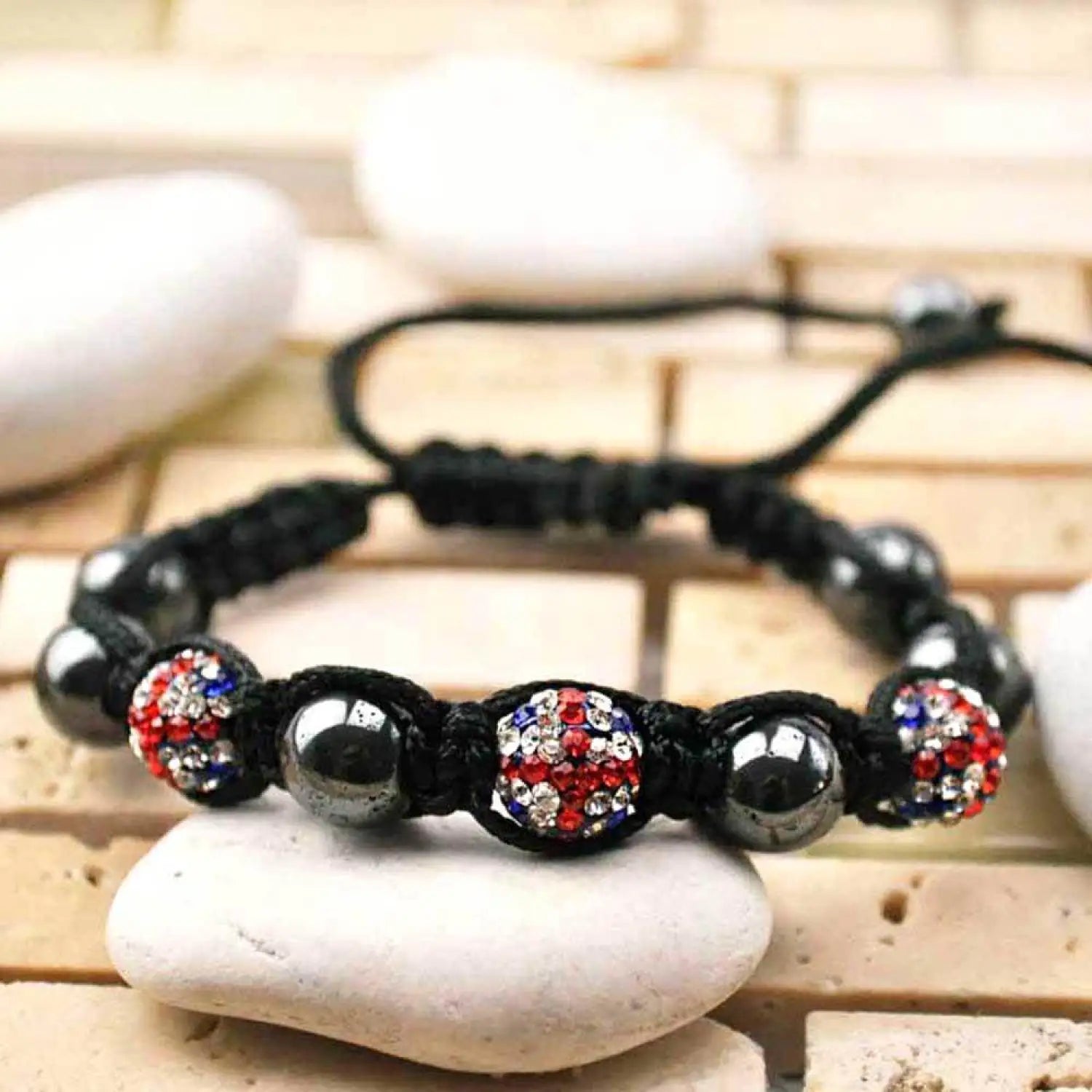 Black bracelet with red and blue beads, Union Jack Adjustable Charm Bracelet