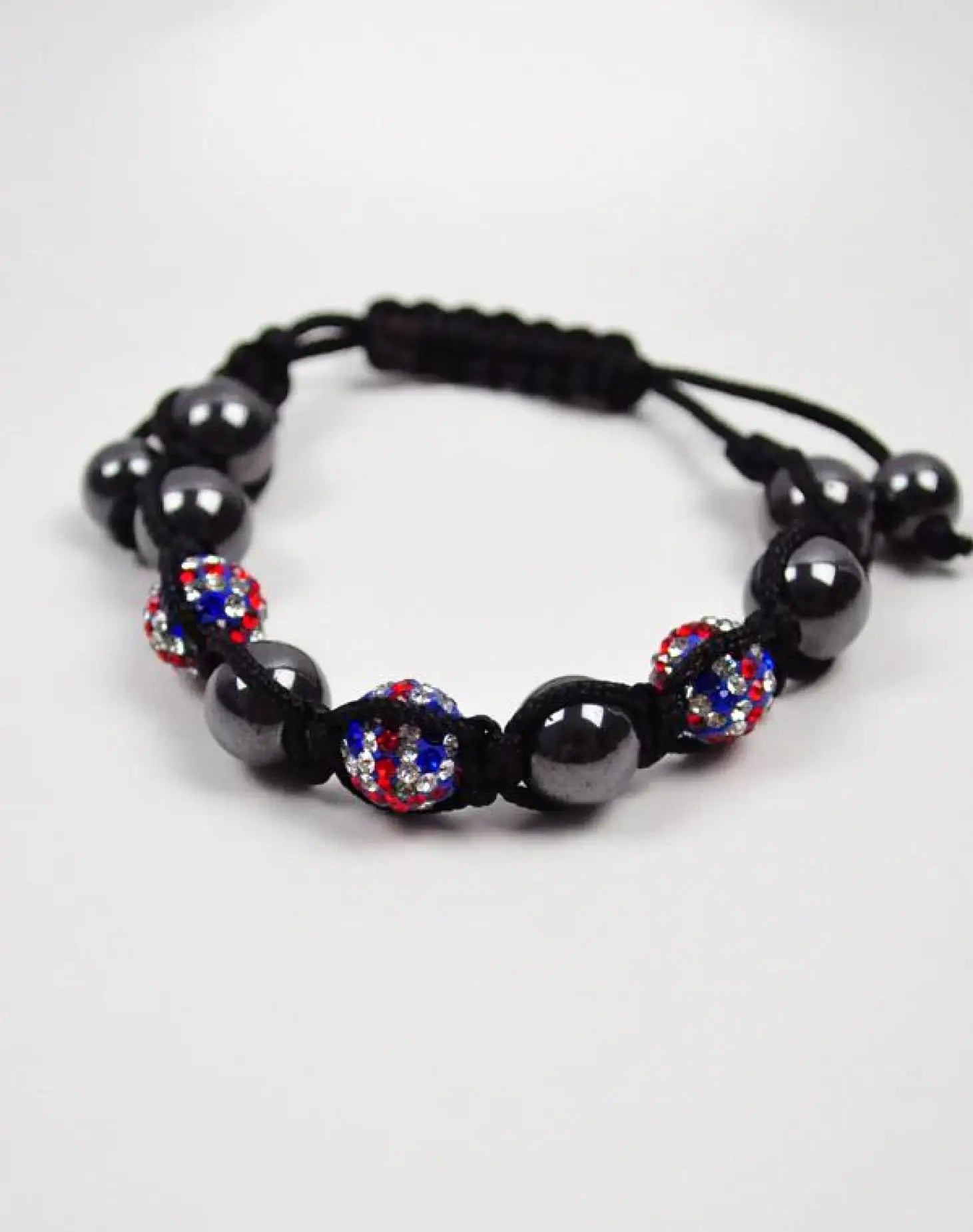 Black bracelet with red, white, and blue beads, Union Jack Adjustable Charm Bracelet.