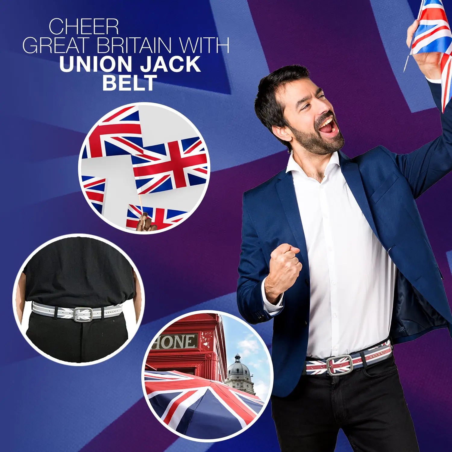 Man in suit with British flag on Union Jack Antique-Effect PU Leather Jean Belt.
