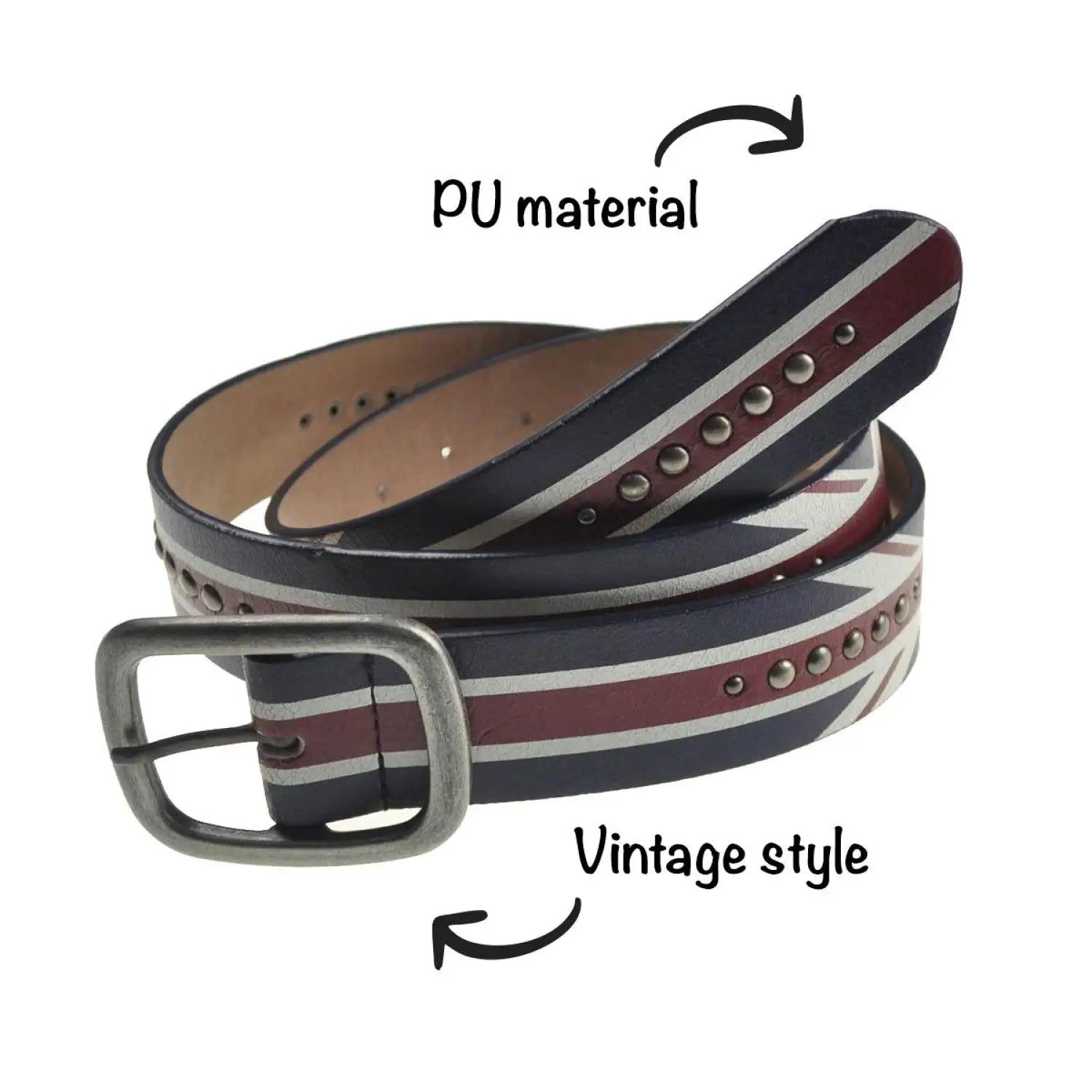 Union Jack Antique-Effect PU Leather Jean Belts in Different Colors and Sizes