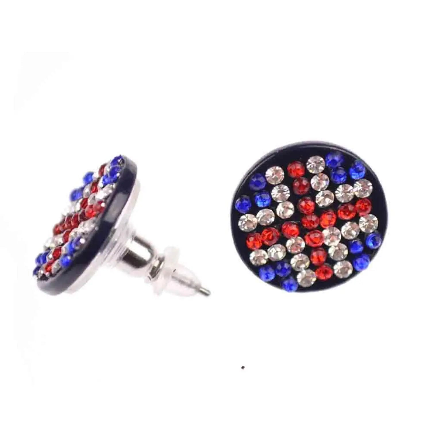 Union Jack Diamante Circle Stud Earrings in red, white, and blue