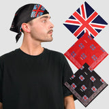 A man wearing a Union Jack flag bandana from Union Jack Flag Cotton Bandana Variety.