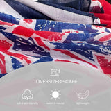 An oversized Union Jack scarf with descriptive icons indicating it is soft  skin friendly, warm natural, and lightweight, laid out to show texture.