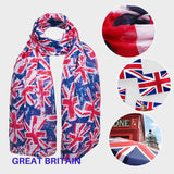 A collage of a Union Jack scarf from BASIC SENSE London, featuring different angles, wearing the scarf, and British cultural landmarks