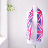 Union Jack Print Pure Silk Scarf - British Pride in Style: Pink and Blue Scarf on White Background