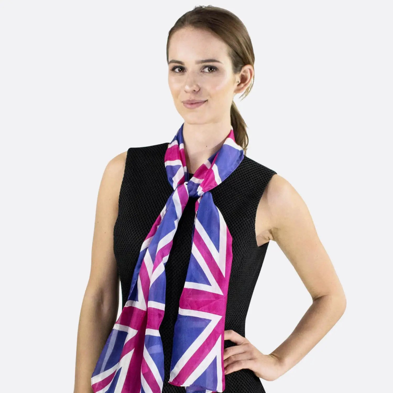 Union Jack Print Pure Silk Scarf - woman in pink and blue scarf