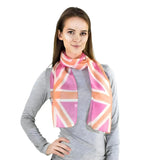 Trendy woman sporting a soft silk scarf with a pastel pink and orange Union Jack design, perfect for casual wear.