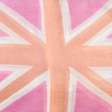 Vibrant pink and blue Union Jack silk scarf on a mannequin, a bold accessory to celebrate British heritage.