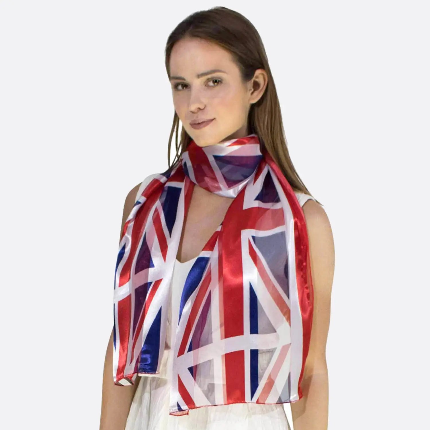 Union Jack Satin Flag Scarf - Show Your Patriotism in Style: Woman wearing red, white, and blue scarf