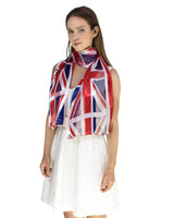 Union Jack Satin Flag Scarf - Woman wearing patriotic scarf
