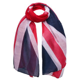 A scarf with a design of the Union Jack, the national flag of the UK, draped and looped elegantly, with vibrant red, white, and blue colors.