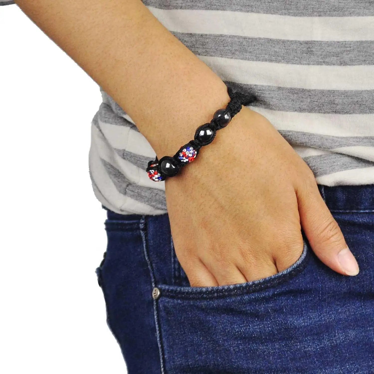 Person wearing Union Jack Shamballa Beaded Bracelet Ring set with red and blue flower design