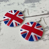 Red, white, and blue Union Jack shell earrings for holiday and summer styles.