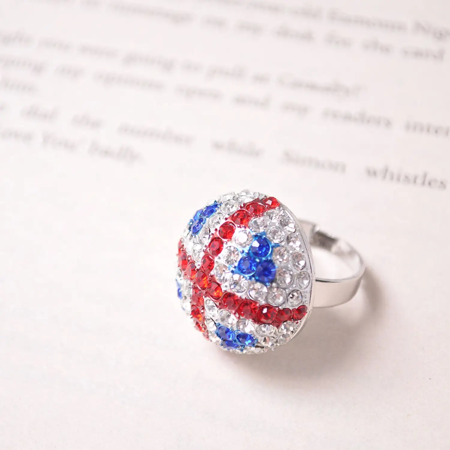 Union Jack Sparkling Adjustable Ring with red, white, and blue crystals
