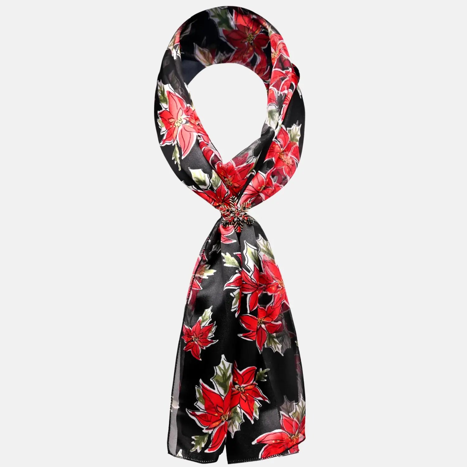 Unisex Christmas Poinsettia Satin Scarf & Holder Set featuring a black and red floral scarf