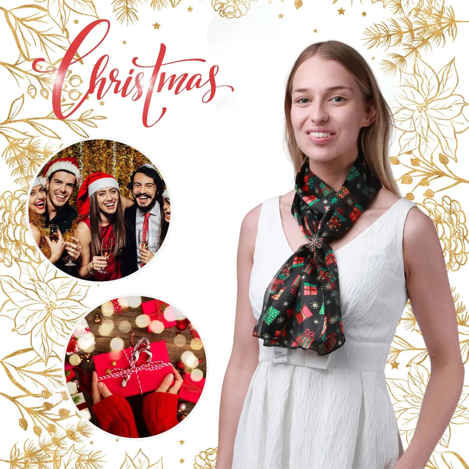 Smiling woman in Christmas satin scarf from Scarf & Holder set