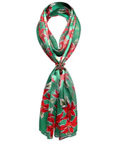 Green satin scarf with red flowers - Unisex Christmas Poinsettia Scarf & Holder Set