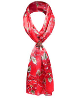 Red satin scarf with floral pattern displayed in Unisex Christmas Poinsettia Scarf & Holder Set