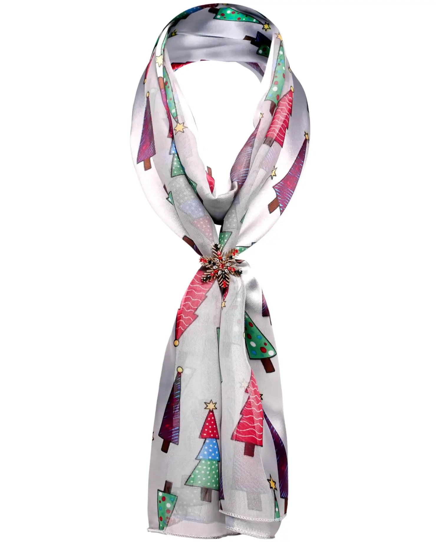 White satin scarf with colorful pattern in holder set, perfect for Christmas tree.