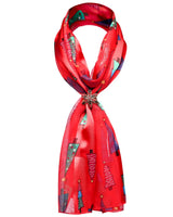 Red Christmas tree satin scarf with bird and flower pattern