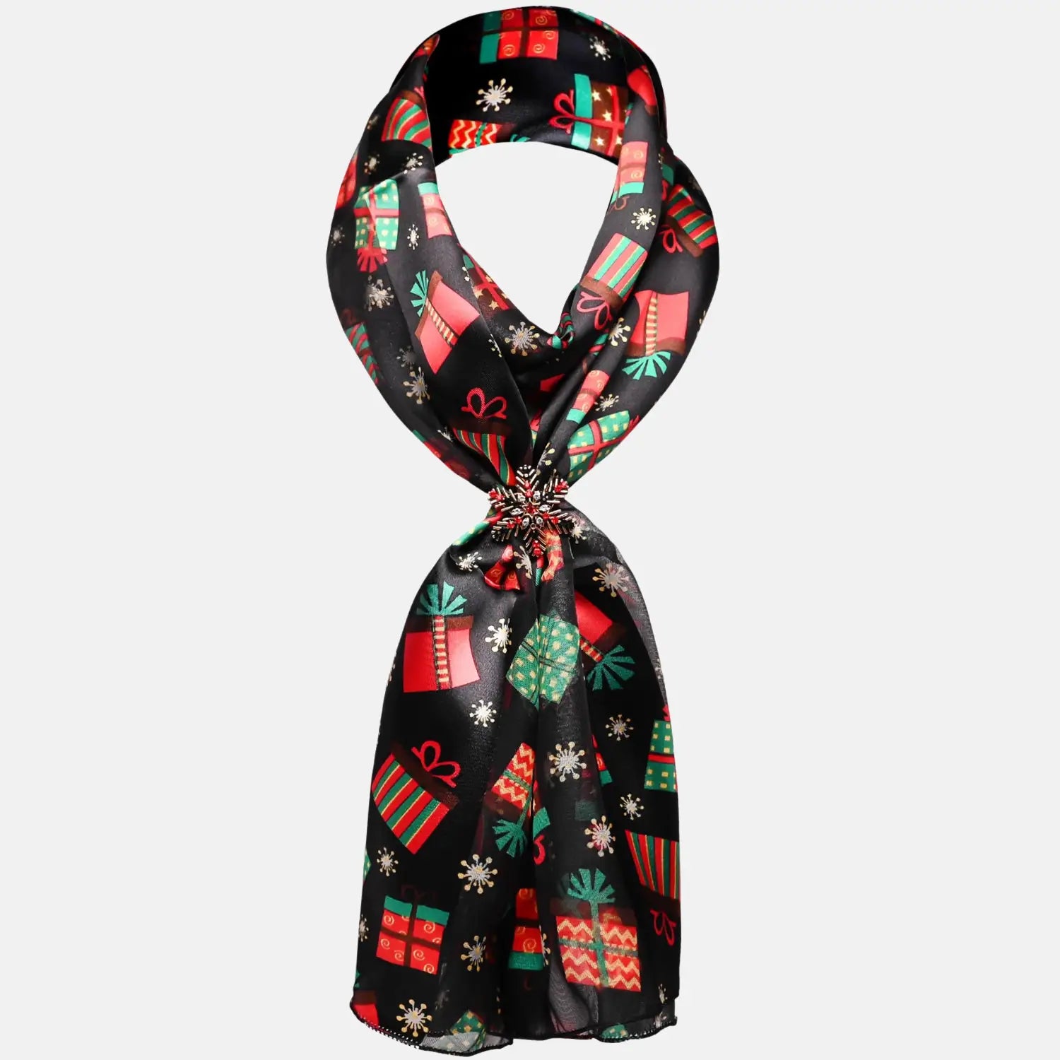 Black scarf with Christmas decorations and presents in Unisex Festive Satin Scarf & Holder Set.