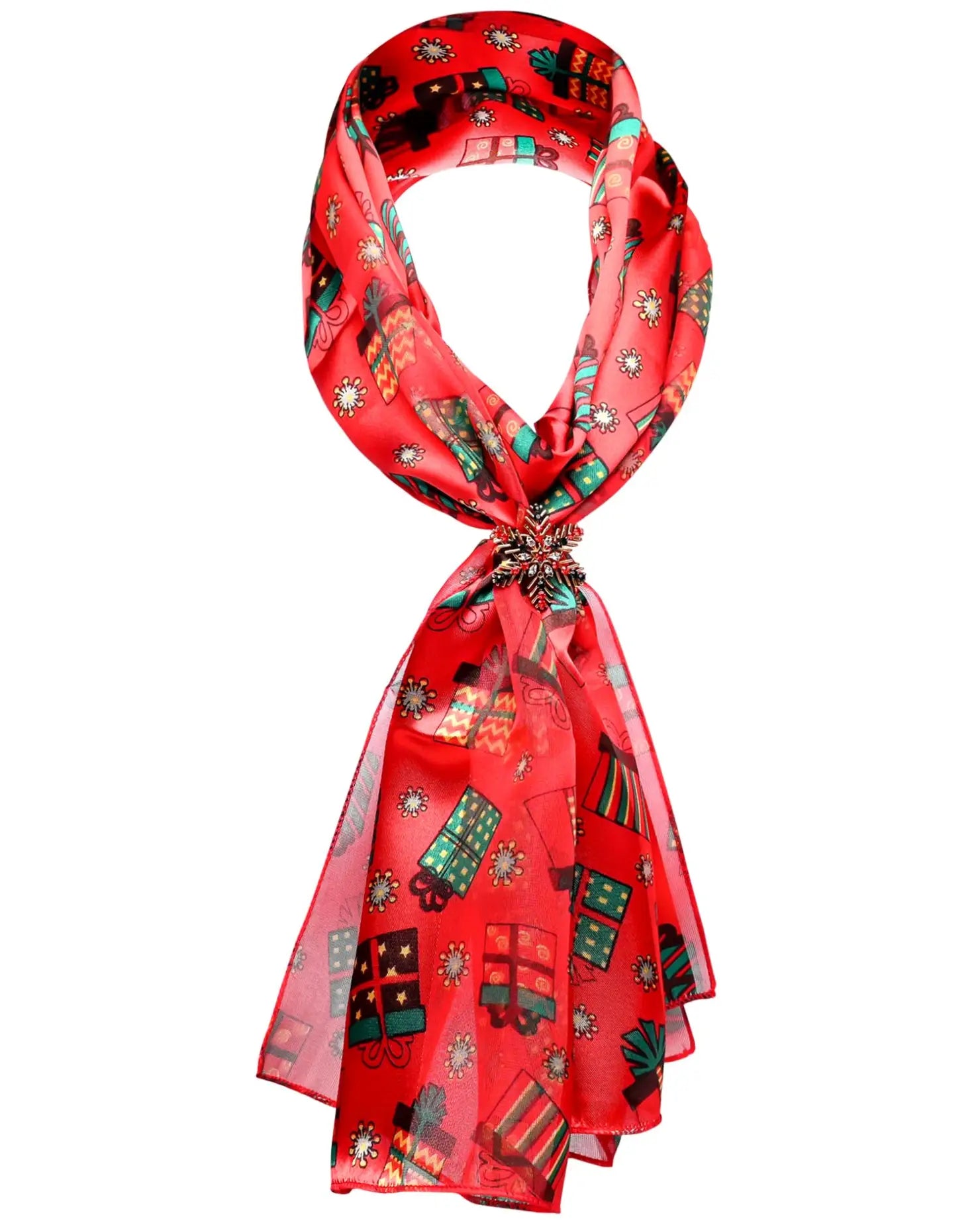 Red Christmas presents pattern festive satin scarf & holder set