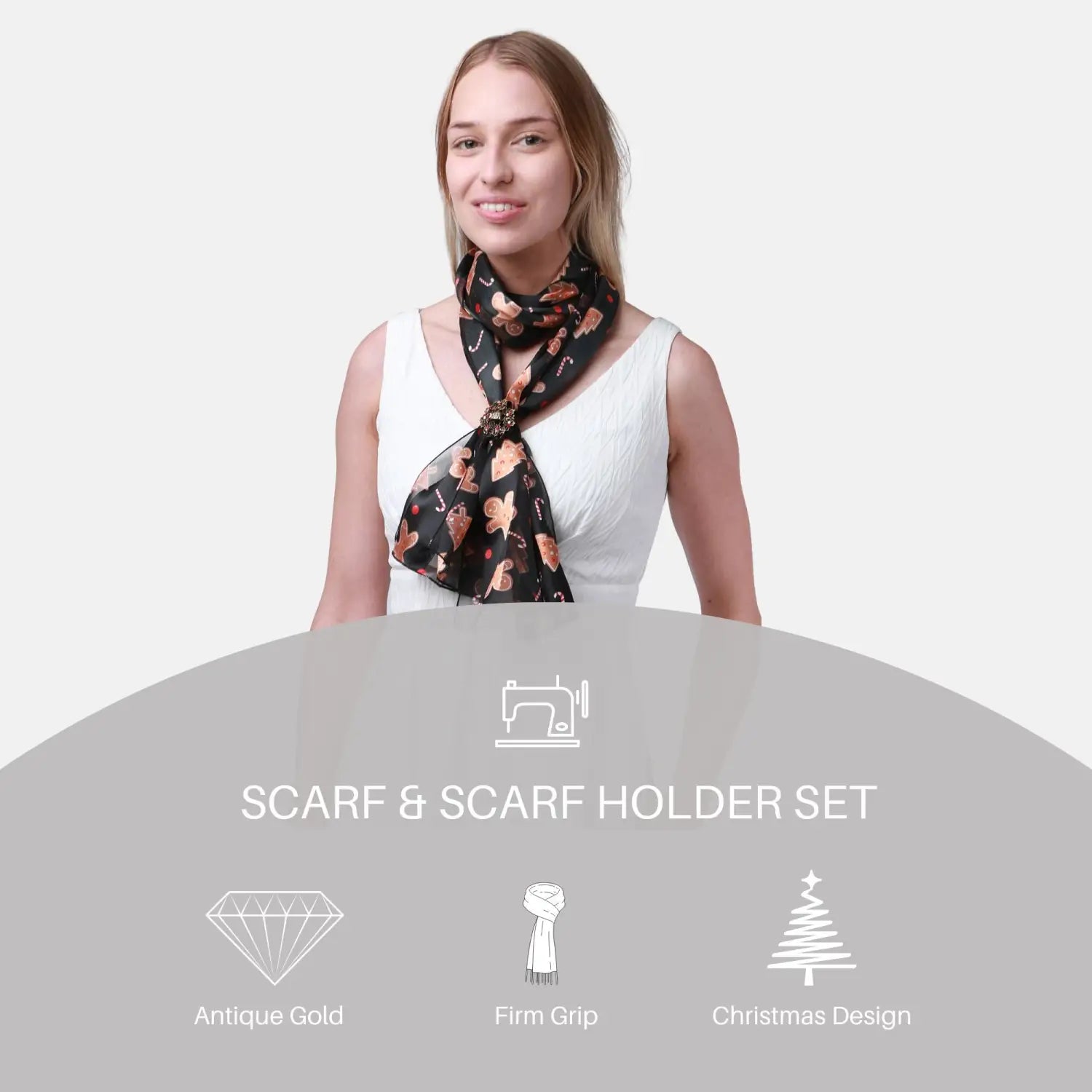 Woman wearing black and white floral satin scarf from Unisex Gingerbread Man Scarf & Holder Set