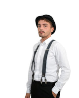 Man in white shirt and black suspenders wearing Unisex Men’s Woman’s Classic Bowler 50s Wool Felt Hat