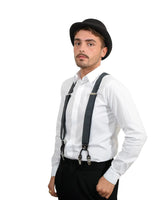Classic black suspenders, white shirt, wool felt bowler hat on man