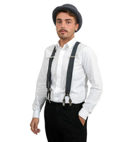 Man wearing black suspenders and white shirt with Unisex Men’s Woman’s Classic Bowler 50s Wool Felt Hat