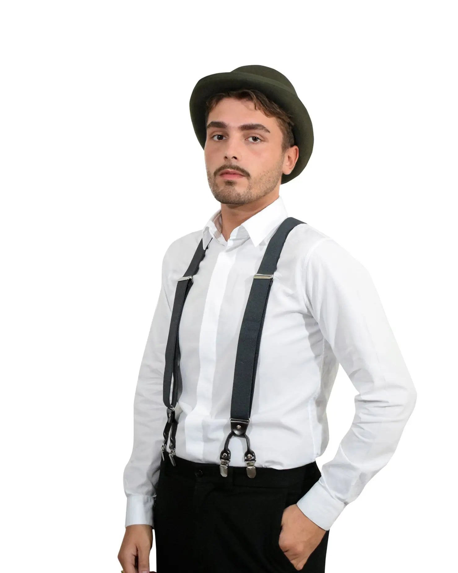 Man in white shirt and black suspenders wearing Unisex Classic Bowler 50s Wool Felt Hat