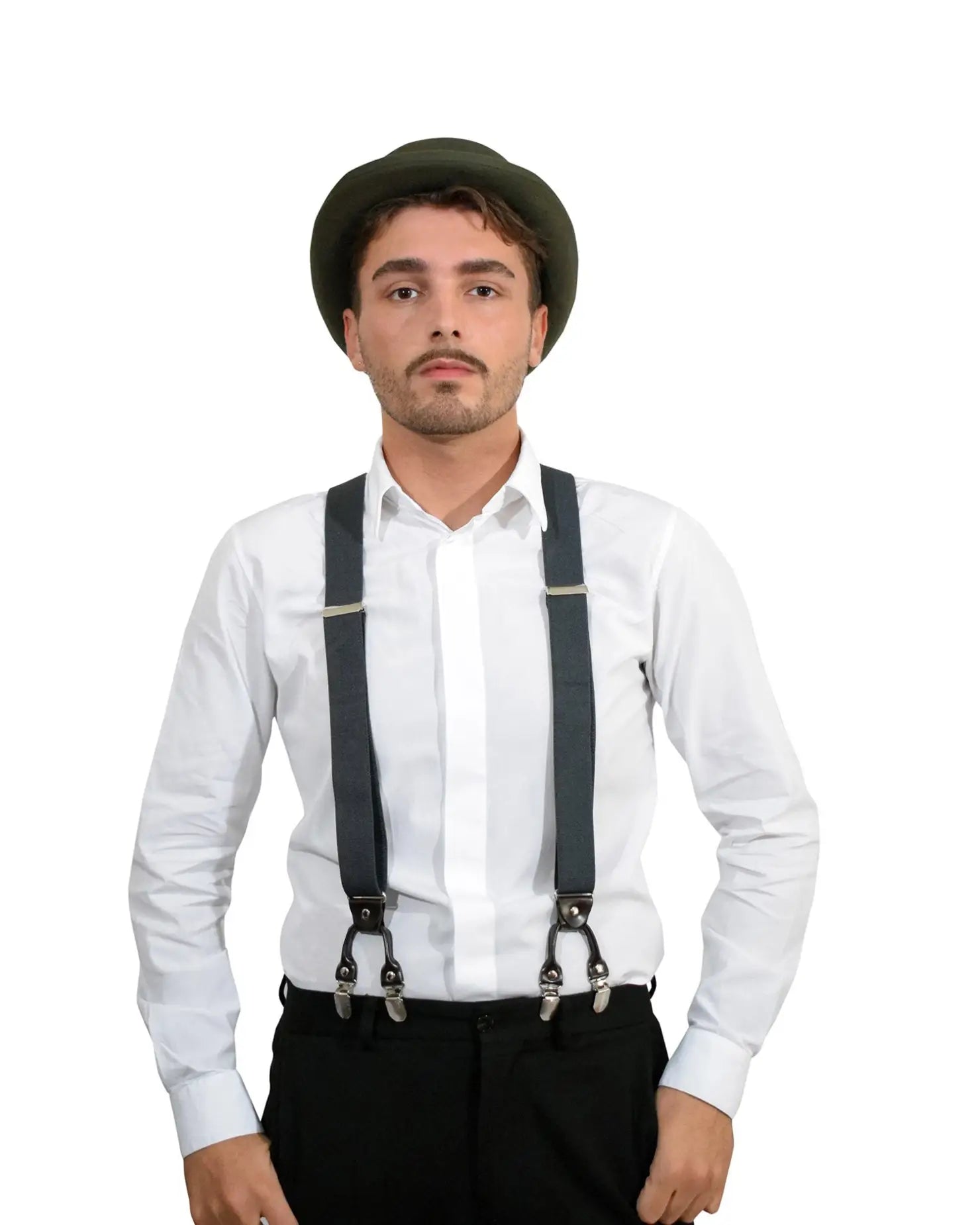 Bowler hat with black suspenders on man in white shirt