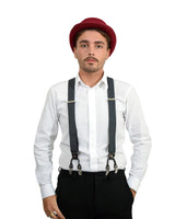 Unisex Man wearing Bowler Hat Wool Felt Snood Suspenders