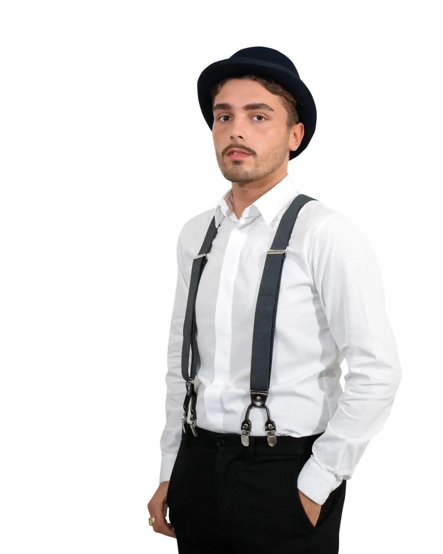 Man wearing black suspenders with Unisex Classic Bowler Wool Felt Hat