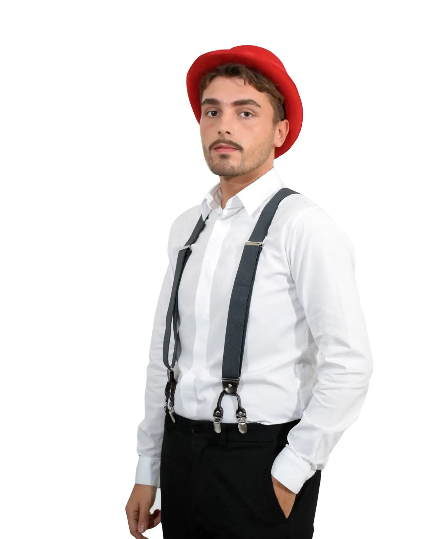 Unisex person wearing a classic white shirt and suspender with bowler wool felt hat