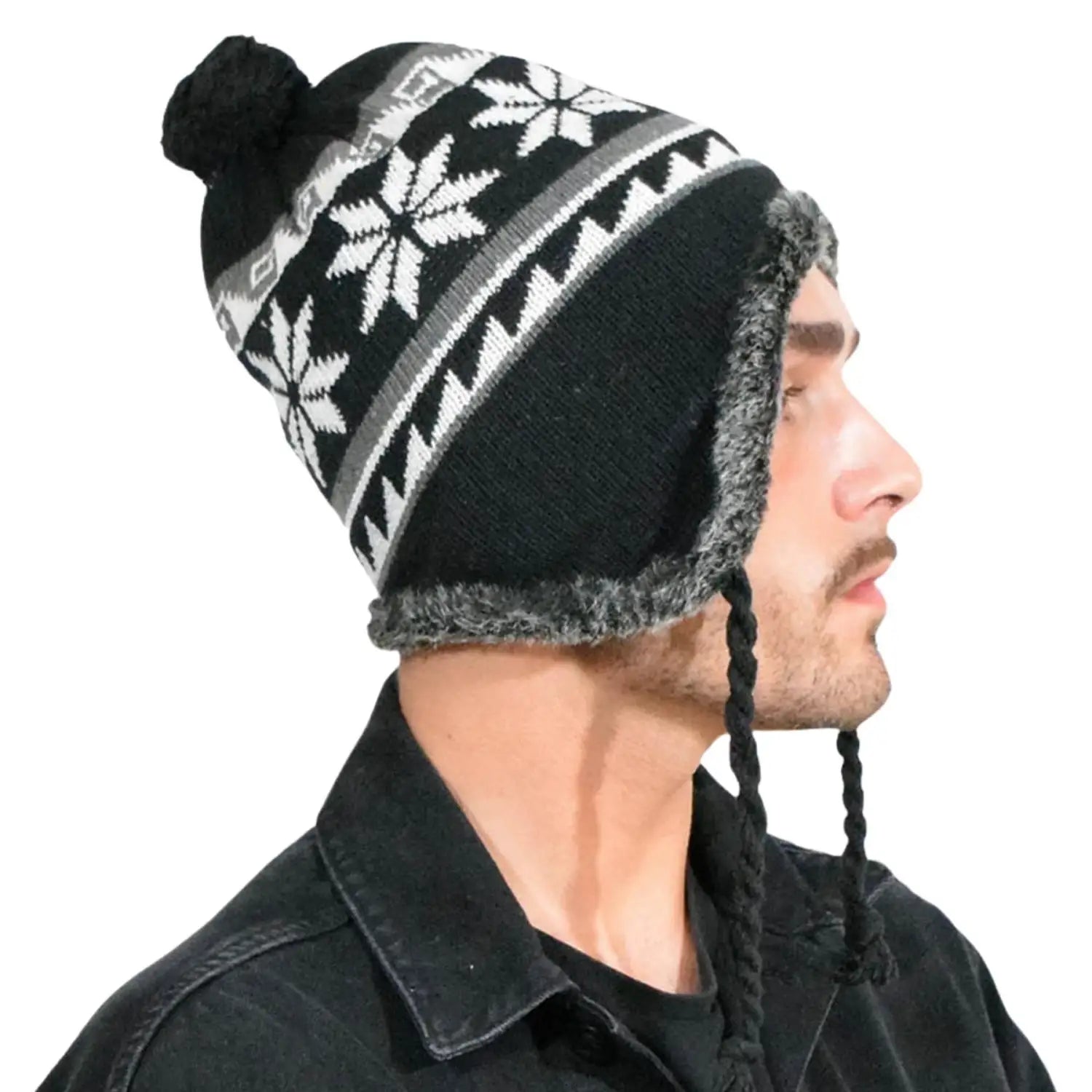 Unisex Peruvian Winter Hat - Snowflake Pattern, Fleece Lined
